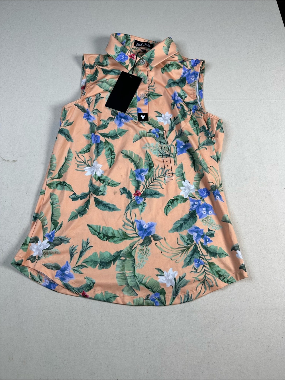 Bad Birdie Peach Floral Sleeveless Polo Top small